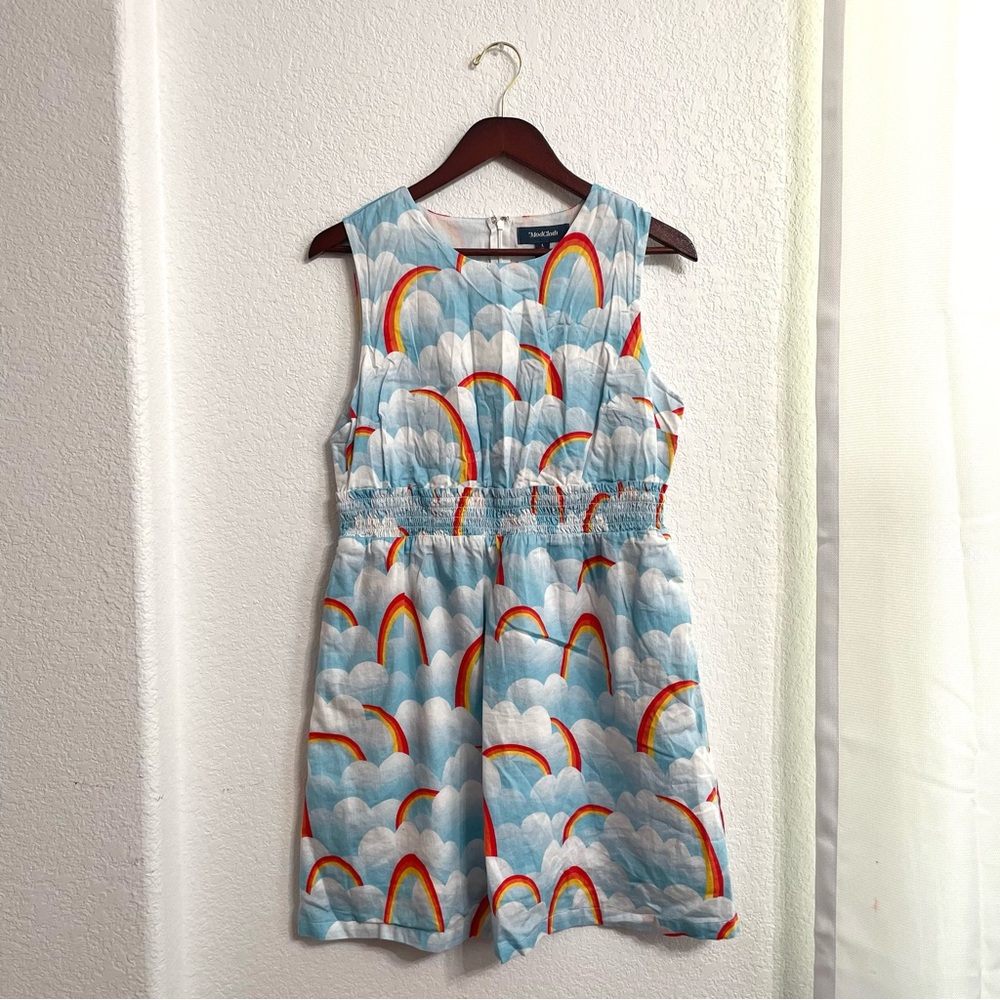 ModCloth Womens Dress Blue Dreamscape Rainbow Clouds Fit and Flare Size Large